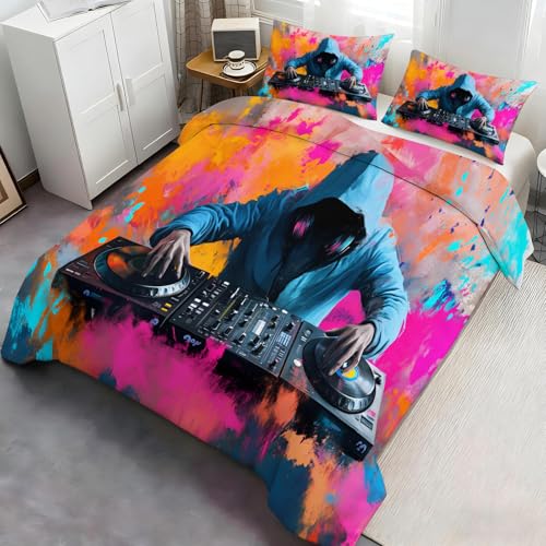DJ Bedding Set - 3D Printed DJ Mixer Pattern Duvet Cover, with Zipper Closure, Vibrant Neon Music Bedroom Decor-90x90in((229x229cm)