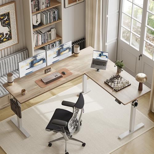 TIQLAB 75 x 61 inch L Shaped Standing Desk Adjustable Height, Electric Corner Standing Desk, Sit Stand Computer Table with Splice Board, Maple - Thumbnail 2
