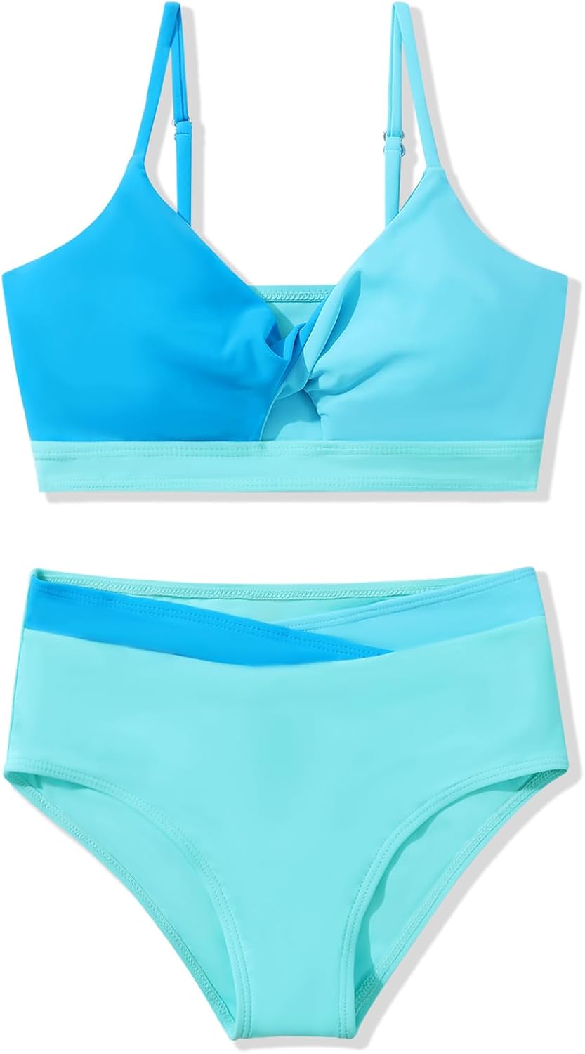 Girls Swimsuit Color Block Twist Bathing Bikini Suit Adjustable Straps Girls 2 Piece Swimsuit 7-14 Years
