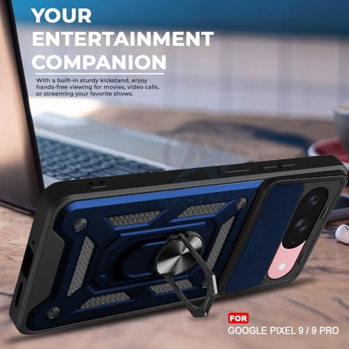 Image of AESTMO Tough Armor Google Pixel 9 /9 Pro Bumper Back Case Cover | Ring Holder & Sliding Camera Shield Cover | 360 Degree Protection Back Case Cover for Google Pixel 9 /9 Pro (Blue)