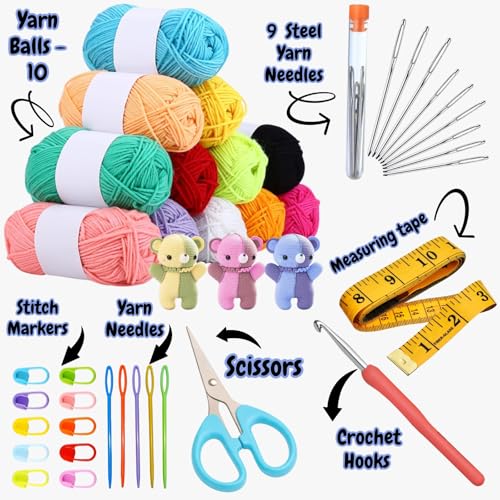 Image of LeafLoom Crochet Set, Crochet Kit for Beginners with Yarn, Ergonomic Hook, Needles, Stitch Markers, Scissors & Tape Measure - Complete DIY Amigurumi Starter Set(DIY Beginners Crochet kit)