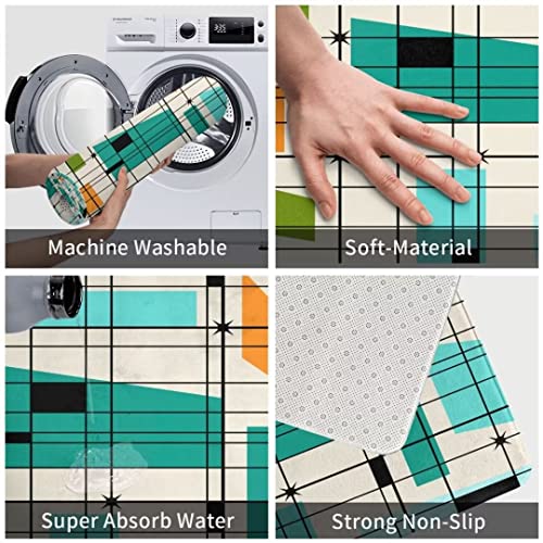 Mid Century Modern Kitchen Rug Sets 3 Piece Midcentury Retro Grid And Starbursts Orange Geometric Cushioned Floor Mats Washable Doormat Anti Fatigue Non-Slip Kitchen Runner Rugs Bedroom Area Carpet #TOP5