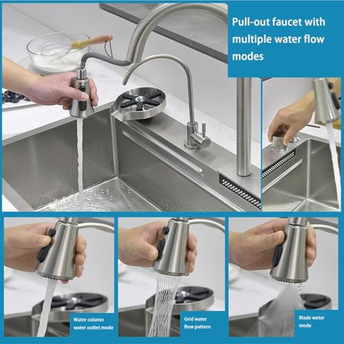 Image of Fossa 30x18x9 Inch Waterfall Kitchen Sink, Single Bowl Premium Stainless Steel Sink with 2.6 mm Collar & 0.9 mm Bowl, Pull-Out Faucet, RO Tap, Cup Washer, Soap Dispenser, Silver Honeycomb Finish