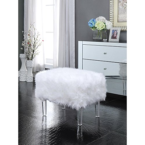 Inspired Home Ava White Faux Fur Ottoman - Modern Acrylic Legs | Upholstered | Living Room, Entryway, Bedroom #TOP4