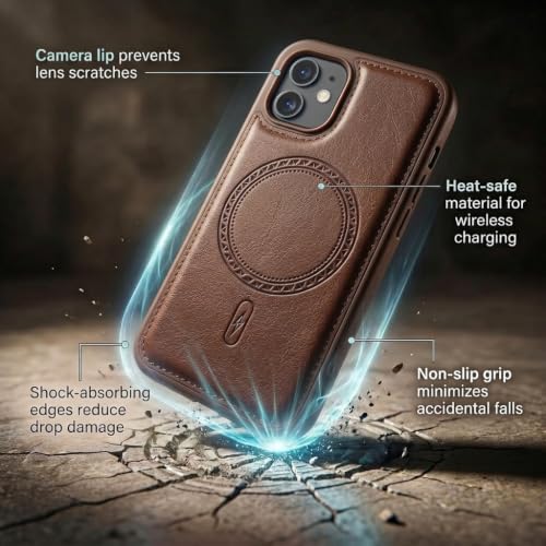 Image of amazon basics Premium PU Leather Case for iPhone 12, MagSafe Compatible Magnetic Ring, Sleek Protective Back Cover - [Brown]