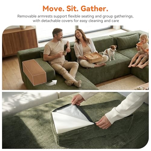 Image of MONVANE 141 inch U Shaped Cloud Sectional Couch with Chaise Lounge, Modular Sectional Sofa with Removable Armrests, Comfy Corduroy Boneless Couches for Living Room, No Assembly Required, Green