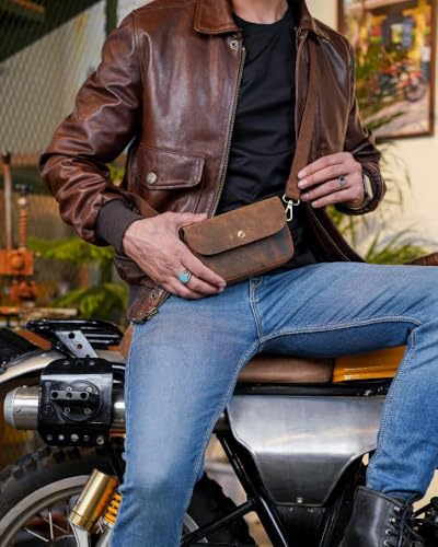 Image of Trip Machine Company Genuine Leather Motorcycle Front Handlebar Leather Bag | Moto Backrail Sidekick Pouch | Shoulder Bag | Fanny Pack (Mocha)