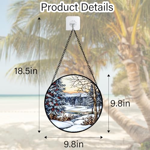 Image of DASTOLL Stained Glass Window Hanging, Winter Snow Landscape Suncatcher Diamond Glass Panel Sun Catchers Decor for Birthday for Women, Men, Wife, Aunt, and Mom 9.8 in