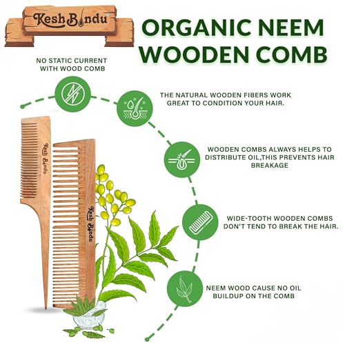 Image of Handmade Kacchi Neem Wooden Comb For Men & Women Detangling, Frizz Control & Shine, Suited For All Hair Diffrent Type of Kangi Combo Pack 2pis (Tel + Dual Tooth)