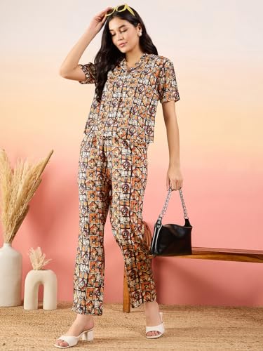 Image of Modeve Women Shirt Pant Navy Abstract Print Co-Ord Set