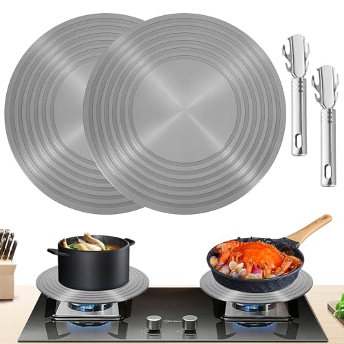2 Pack Gas Stove Heat Diffuser Plate, Round Fast Defrosting Tray Aluminum Non-Stick Coating Cookware Simmering Thawing Plate Conduction Multifunctional, Flame Guard Protection Stovetop (11 inch)