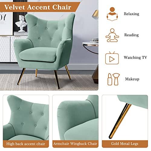 HULALA HOME Velvet Accent Chair, Modern Wingback Arm Chair with Metal Gold Legs, Velvet Tufted Upholstered for Living Room Bedroom, Dining Room(SAGE) - Image 3