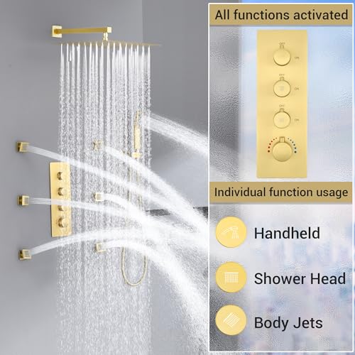 16” Thermostatic Rain Shower System with 6 Body Jets & 16-Inch Rainfall Shower Head, JetsBath Full Body Shower Faucet Sets with Valve & Handheld, Brushed Gold Luxury Wall Mount Shower Faucet Set