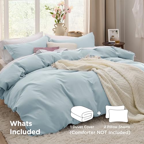 Image of Bedsure Prewashed Oversized King Duvet Cover, Cotton-Like Set, Baby Blue | Ultra Soft, Relaxed Texture, 120 inchx98 inch Breathable Comfort, Hidden Zipper, 8 Corner Ties, Easy Care, OEKO-TEX, Year-Round Use
