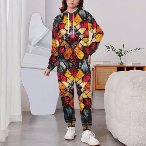 Boy's Girl's Hooded Tracksuit Pullover Sweatshirt Jogging Pants Sweatsuit, Southwest Tribal Native Stained Glass2