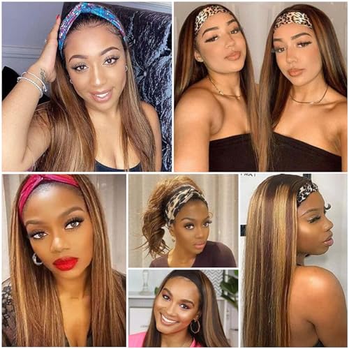 Image of Aiterina Straight Headband Wig Human Hair 4 /27 Highlight Headband Wigs for Black Women Machine Made Human Hair Wig 150% Density 4 /27 Highlight Wig 16 Inch