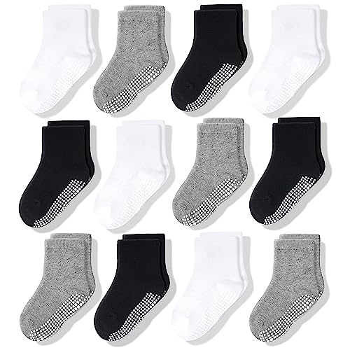CozyWay Non Slip Baby Socks Toddler Socks 12 Pairs with Grip for Boys Girls Baby Infants Kids Anti Skid Cotton Crew Socks 1-3 Years