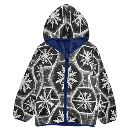 Snowflake Pattern Black White Toddler Fleece Jacket Girl Boys Hooded Fleece Jacket Coat Warm Outwear Zip-up 3-10T