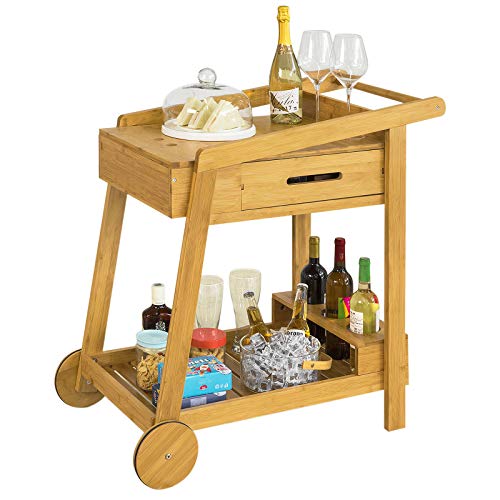 SoBuy FKW89-N Camarera de Bambú para Bebidas,con 2 Cajones y 2 Ruedas 90 * 47 * 85 cm ES