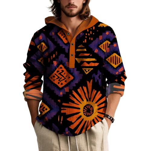 ZOCANIA Mens Hoodies Tribal Print Long Sleeve Henley Neck Sweatshrits Button Up Sweatshirt Vintage Ethnic Style Pullovers