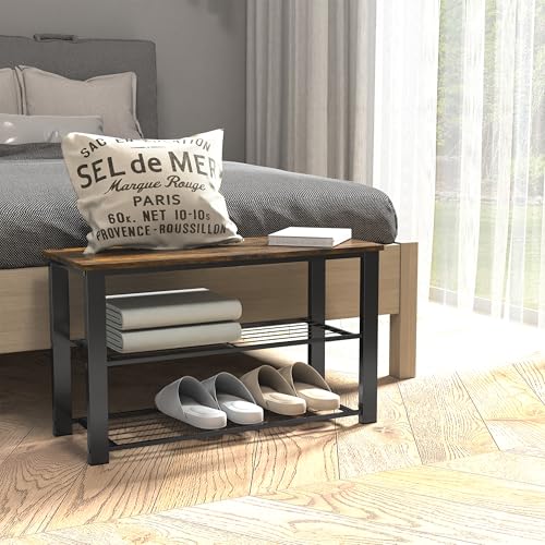 Image of Simple Houseware Wood Top Shoe Storage Bench for Entryway, Rustic Brown