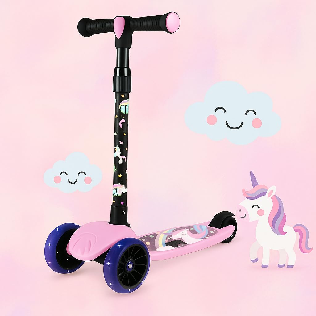 Hoppie Kids Kick Scooter, 3-Wheel Stability-Skating Cycle Adjustable Height for Growing Kids, Foldable & Portable, LED Light-Up Wheels, Rear Foot Brake, Lightweight & Durable, (Unicorn, Pink)-picture-25