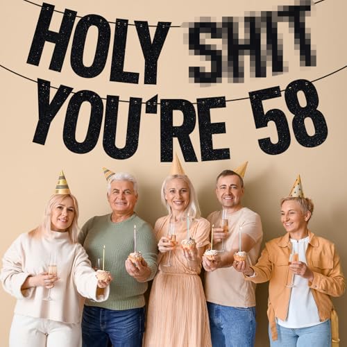 Image of Black Glitter Holy Shit You're 58 Banner, Happy 58th Birthday /Cheers to 58 Years, Funny 58 Years Old Birthday Party Decorations Supplies