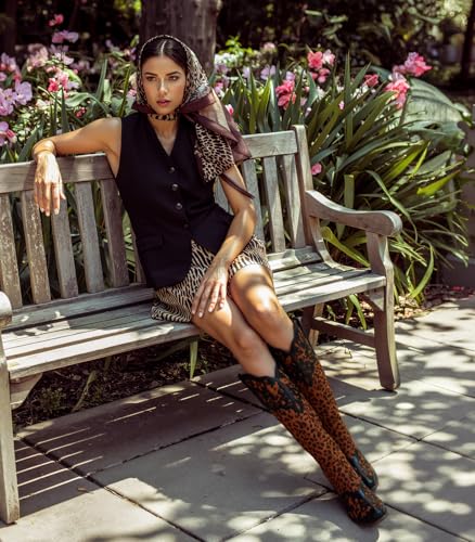 SO SIMPOK Leopard Print Cowboy Boots for Women Cheetah Pointy Toe Western Cowgirl Boot Knee High Wide Calf Slouchy Boots Casual Suede Chunky Heel Shoes4