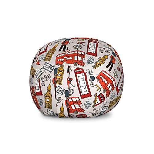 Ambesonne London Storage Toy Bag Chair, Doodle English Crown London Cab Telephone Booth Watch Big Ben Umbrella Bicycle, Stuffed Animal Organizer Washable Bag, Large Size, Grey Red