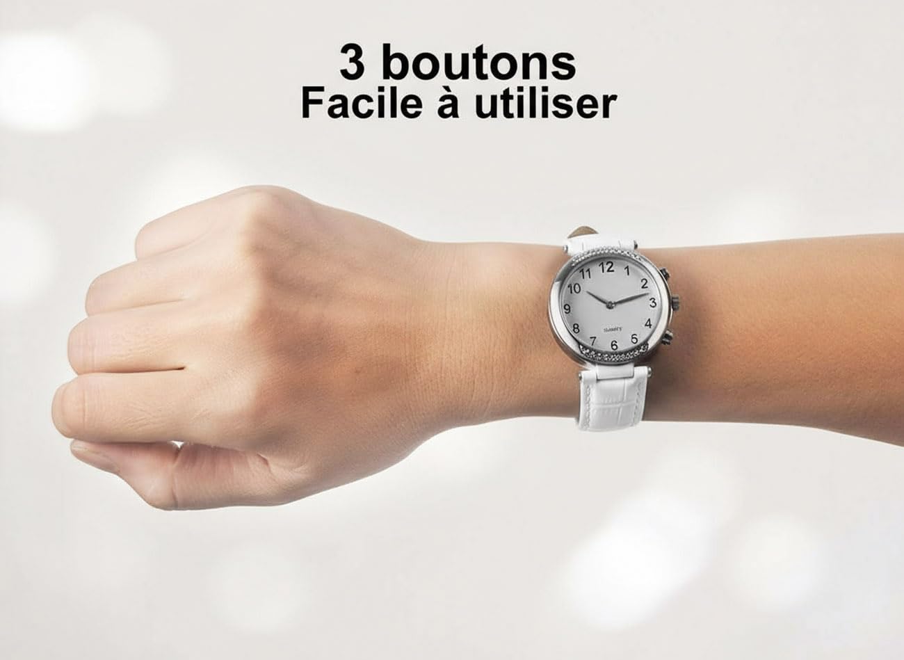 Reloj Parlante para Mujer con Voz Francesa Femenina, Hora y Fecha Parlantes Reloj de Cuarzo Correa de Cuero para Personas con Discapacidad Visual, Seniors, Blanco
