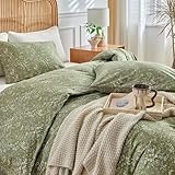 MKXI Duvet Cover Queen Size Boho Bedding 100% Cotton Reversible Floral Duvet Cover Set with Zipper, Soft & Breathable Army Green Bedding Set Botanical Wildflower Duvet Covers