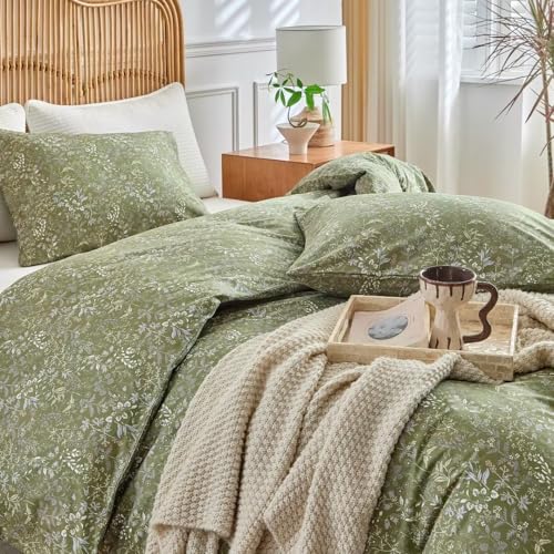 Image of MKXI Duvet Cover Queen Size Boho Bedding 100% Cotton Reversible Floral Duvet Cover Set with Zipper, Soft & Breathable Army Green Bedding Set Botanical Wildflower Duvet Covers