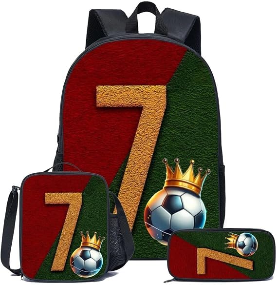 Conjunto de mochila temática de futebol número 7 de 3 peças com lancheira e estojo – Mochila multifuncional de grande capacidade para o dia a dia