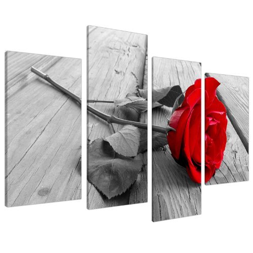 Wallfillers Red Rose Floral Canvas Wall Art Pictures - Black White Grey Split Panel Set - XL - 130cm / 51