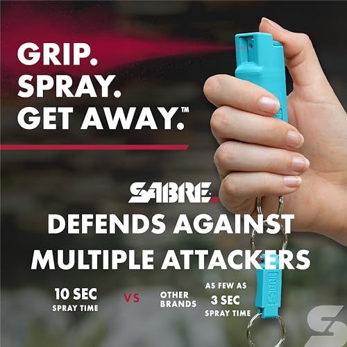 Image of Sabre Pepper Spray - Quick Release Keychain for Easy Carry & Fast Access, Max Police Strength Self Defense OC Spray with UV Dye, 10 Sec. Spray Time, Finger Grip - Faster Aim, 0.54 fl oz,Secure Safety