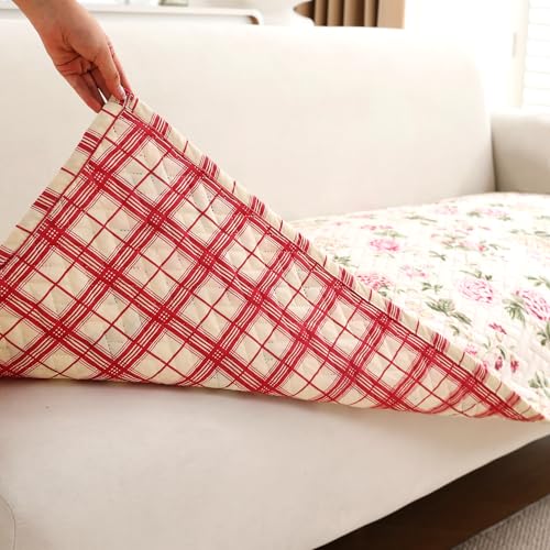 Image of HOKIPO 'HomeHues Series' Printed Quilted Sofa Seat Mat for 1 Seater Sofa with 2 Armrest Covers with Pockets, Beige Peonies (IN-806-D3 + IN-814-D3*2)