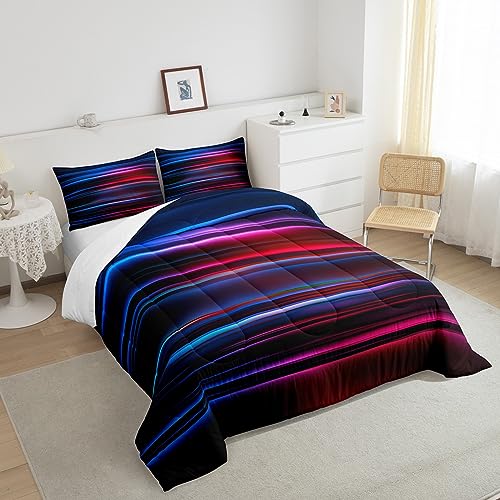 Image of Feelyou Ombre Comforter Set Queen, Red Blue and Black Striped Bedding Set Gradient Contemporary Comforter for Kids Boys Girls Teens Modern Abstract Geometric Duvet Set Lightweight Quilt Set