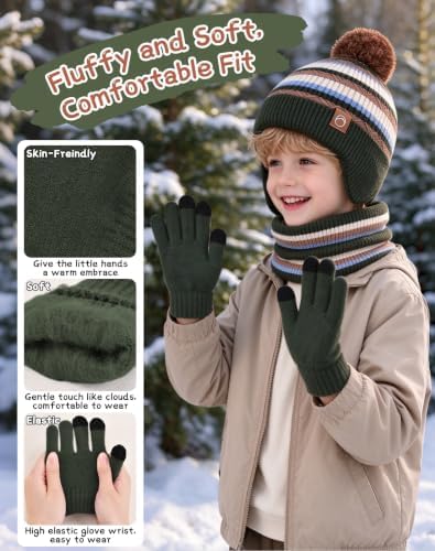 Kids Winter Hat Gloves Scarf Set Boys Girls, Children Beanies Hats with Pom — 사진 3