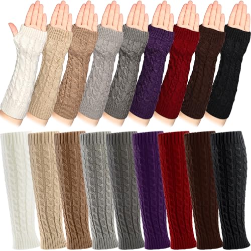 Therwen 18 Pairs Knit Leg Warmers and Arm Warmers Set for Women Winter Sleeve Fingerless Thumb Hole Gloves Mittens (Classic Color)