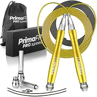 PrimaFIT Pro Speed Skipping Rope Adult Fitness for Men Women Weighted Jump Rope 3m Adjustable Tangle-Free with Self-Locking Non-Slip Handle Boxing Gym MMA Crossfit HIIT Outdoor Workout Fat Loss Spare Steel Cable, Weights, Rope protectors & Carry Bag