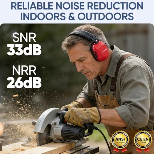 TICONN Noise Cancelling Ear Muffs for Adults, SNR 33dB Hearing Protection, Adjustable Safety Earmuffs for hunting, Construction (Red) by TICONN - Used condition - Image 2