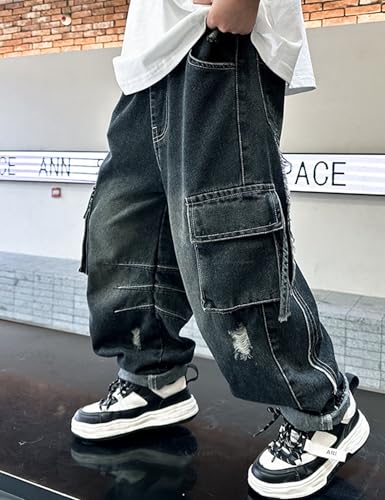 Boys Ripped Jeans Y2k Wide Leg Cargo Pants Elastic Waist Baggy Jeans for Teens Kids 6-14 Years2