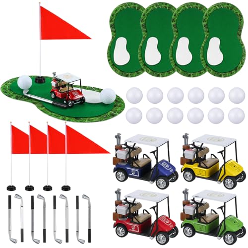 LaRandom 4 Pcs Golf Table Centerpiece Decorations with Practice Ball Golf Cart Toy Pen Tees Grass Mats Red Flag Plastic Flag Stand for Sport Themed Birthday Party Decor