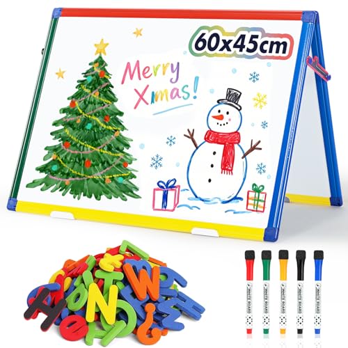 SwanSea A2 Magnettafel Kinder Staffelei, Whiteboard-Tischplatte, Doppelseitig, Trocken Abwischbar, mit Magneten Buchstaben Zahlen und Stift, 60 x 45 cm
