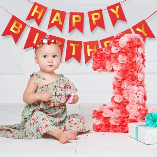Image of Red Happy Birthday Banner - 16 ft Pre-Strung Gold & Red Birthday Party Decorations Sign for Girls, Boys, Kids, Women - No DIY Hanging Backdrop for Indoor & Outdoor Celebrations