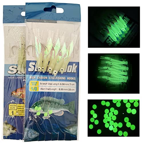 Skipaelf Sabiki Rigs Saltwater,14 Packs Fishing Lures Bait Rigs Set,Luminous Sabiki Rig With High Carbon Hooks,Soft Shrimp Real Fish Skin Fishing Rigs #TOP2