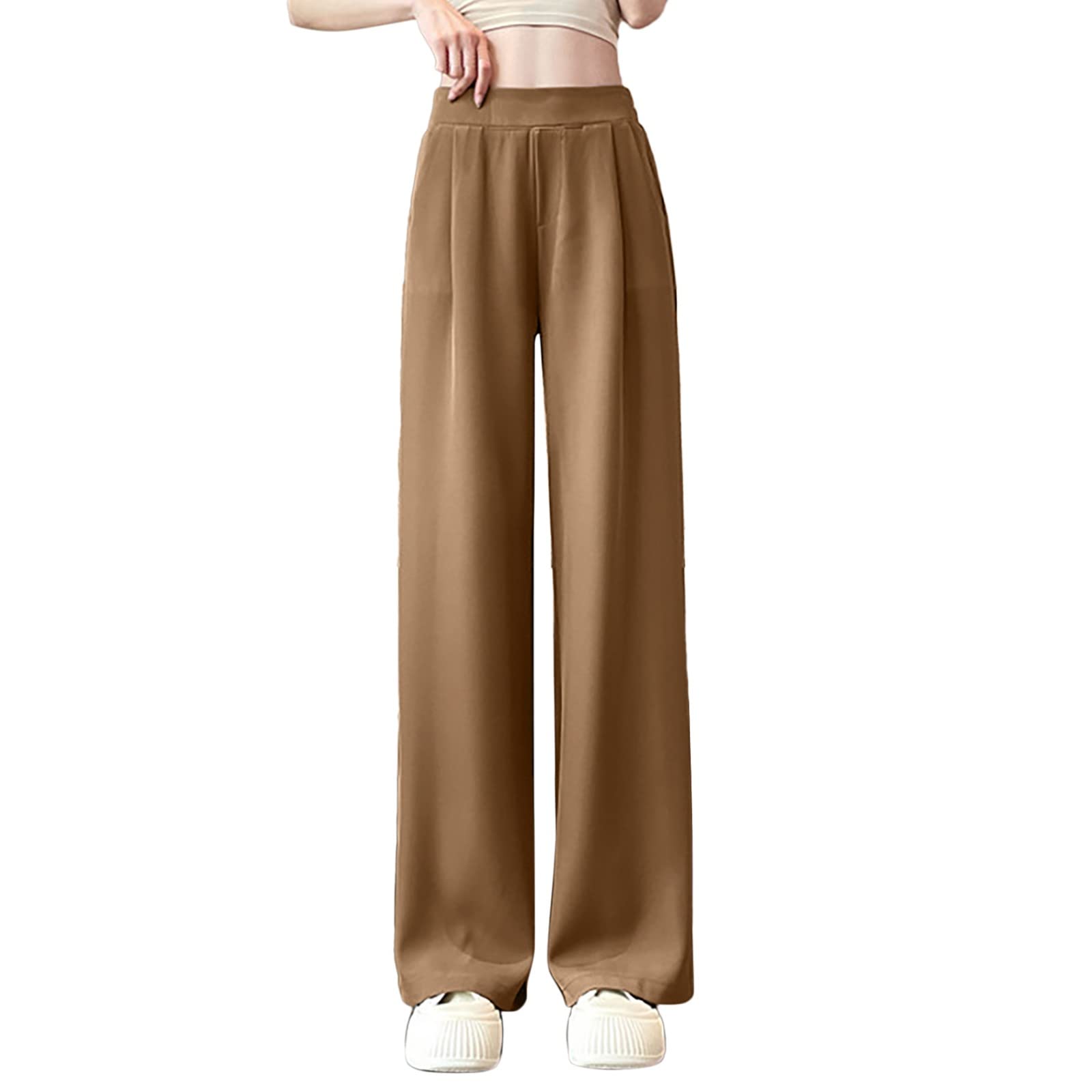 YOLAI Women Casual Solid Wide Leg Pants Draped Business Work Trousers High Waist Trousers