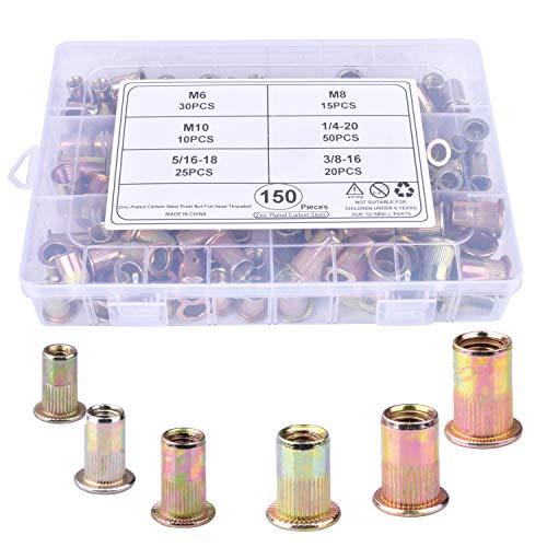 BONROB 150pcs Écrou de Rivet en Acier au Carbone et Plaqué au Zinc Insers Fileté Ecrou Tête Ecrou M6 8 10 1/4-20 5/16-18 3/8-16 Emballé en Boîtier Plastique BO010