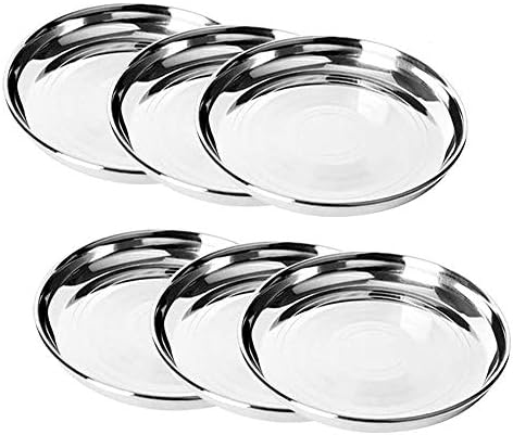 IndiaBigShop Stainless Steel Strip Design Quarter Plate Dinner Plate Mess Trays Great for Camping, Round Steel Plates, Indian Dinner Plates, Camping Outdoor Plate - Set of 6-11.5 inch