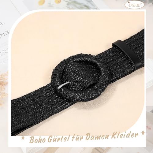 JasGood Stroh Geflochten Elastischer Gürtel für Damen Breiter Taillengürtel Rattan Gewebter Boho Gürtel für Kleider,Schwarz,110cm